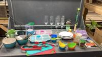(2)BOXES - CHAMPAGNE FLUTES, LUNCH BOXES, CUTTING MATS, TEA, BOWLS