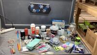 BOX W/ MODGE PODGE, APOXIE SCULPT, CALLIGRAPHY PENS, TOOLS