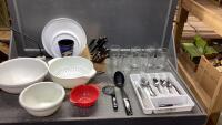BOX W/FARBERWARE KNIFE BLOCK + KNIVES, (7) WATER GLASSES, CUTLERY
