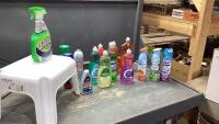 STOOL + BOX OF HOUSEHOLD CLEANERS, INSECTICIDES