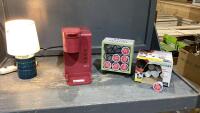 BOX W/KEURIG, COFFEE PODS, POD HOLDER, SMALL ACCENT LAMP