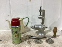 BOX OF MEAT GRINDER, THERMOS, TEA POT