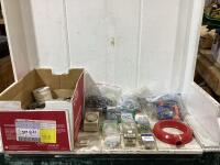 SHOP BOX OF ASSORTED SCREWS&BOLTS W/ HINGES, DOOR LOCK