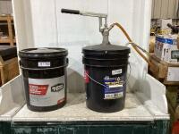 LEVER ACTION OIL PUMP PAIL & AUTOMATIC TRANSMISSION FLUID PAIL (NEAR EMPTY)