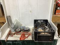 SHOP CRATE OF MISCELLANEOUS W/ MIXED DISCS, CHAINS, GUARDS, CHALKING GUN & PRY BAR