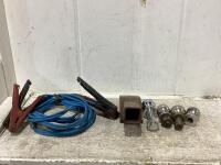 SHOP PAIL W/ BOOSTER CABLES, HITCH & HITCH BALLS