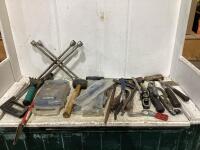 SHOP CRATE W/ AXE, HANDSAW, TIRE WRENCH & MISCELLANEOUS