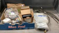 BOX OF AUTO SUPPLY - CABLES, HOSE, TAILGATE HANDLE,