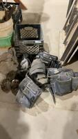 (3) TOOLBELTS - GATORBACK & MAXIMUM & A LEATHER ONE, AND (3) COILS OF NAILS IN A CRATE