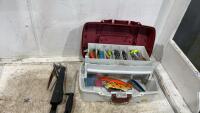 SMALL PLANO TACKLE BOX W/ LURES, FILET KNIFE, WEIGHTS ETC