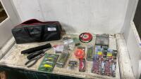 SMALL PLANO FISHING BAG W/ LURES,WEIGHTS, LINE, FILET KNIFE, NEEDLENOSE PLIERS