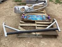 PALLET W/ LONG BOARD & METAL MISCELLANEOUS RACK