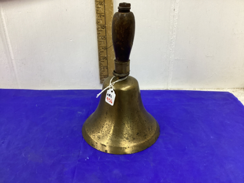 SCHOOL BELL-BRASS W/WOOD HANDLE. 6 IN ACROSS BELL BOTTOM