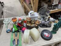 FLAT OF KNICK KNACKS, , KEY CHAINS, BOOKS ENDS, VINTAGE FOLDING TRAY