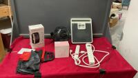 BOX W/ COMPRESSION PUMP, EXERCISE BANDS, SMALL HONEYWELL HUMIDIFIER, ETC.