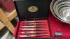 (2) BASKETS W/ ASSORTED HOUSEHOLD - STAINLESS STEEL BOWL SET, STOVE TOP POPCORN POPPER, CHEFIELD STEAK KNIVES, MIXING STORAGE PLASTIC BASKETS - 2