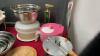 (2) BASKETS W/ ASSORTED HOUSEHOLD - STAINLESS STEEL BOWL SET, STOVE TOP POPCORN POPPER, CHEFIELD STEAK KNIVES, MIXING STORAGE PLASTIC BASKETS - 4