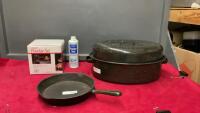 FINDLAY CAST FRYPAN, LARGE ENAMEL ROASTER, FONDUE SET W/ FUEL