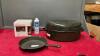 FINDLAY CAST FRYPAN, LARGE ENAMEL ROASTER, FONDUE SET W/ FUEL