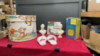 ROUND WOODEN STORAGE CONTAINER W/ (2) WAX BUST CANDLES, CROSS STITCH KIT, FUZZY COZY SLIPPERS, PINEAPPLE FLOATING LIGHT