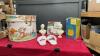 ROUND WOODEN STORAGE CONTAINER W/ (2) WAX BUST CANDLES, CROSS STITCH KIT, FUZZY COZY SLIPPERS, PINEAPPLE FLOATING LIGHT