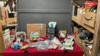 GOOD LIDDED TOTE W/ CORK TILES, METALIC TINSEL, WHITE CHRISTMAS LIGHTS, AND MISC. CRAFTING ITEMS