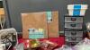 GOOD LIDDED TOTE W/ CORK TILES, METALIC TINSEL, WHITE CHRISTMAS LIGHTS, AND MISC. CRAFTING ITEMS - 4
