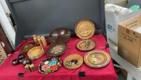 (2) BOXES OF WOODEN DECOR AND KITCHEN ITEMS - BOWLS, S+P, CANDLE HOLDERS, AND SOME VASES