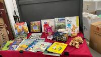 (2) BOXES OF ASSORTED TOYS AND BOOKS - MONEY BANKS, WOODEN PIECES, CHILDRENS BOOKS