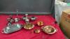FLAT W/ COLLECTION OF PEWTER AND COPPER ITEMS - SMALL TANKERDS, CANDLESTICKS, PLATTERS, VASE, ETC.