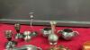 FLAT W/ COLLECTION OF PEWTER AND COPPER ITEMS - SMALL TANKERDS, CANDLESTICKS, PLATTERS, VASE, ETC. - 3