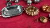 FLAT W/ COLLECTION OF PEWTER AND COPPER ITEMS - SMALL TANKERDS, CANDLESTICKS, PLATTERS, VASE, ETC. - 4
