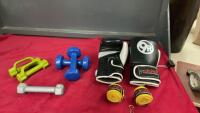KICKBOXING GLOVES, WRIST GUARDS, & SOME HANDWEIGHTS OF VARIOUS SIZES