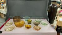 VINTAGE COLOURED GLASSWARE - AMBER AND GREEN BOWLS, CANDY DISHES, VASE, ETC.