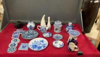 WHITE AND BLUE ASSORTED KITCHEN DISHES - MUGS, VASES, PLATES, COASTERS, ETC.