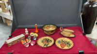 CERAMIC DISHWARE - GRAVY BOAT, BOWL. PLATES, VASE, NAPKIN HOLDERS, BASKET, & A SANTINI FIGURINE