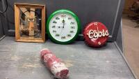 BOX W/ JOHN DEERE CLOCK, COORS CLOCK, OWL WALL DECOR