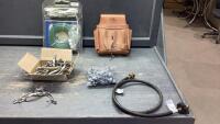BOX W/ TOOL POUCH, GAS LINE HOSE, DRAWER PULLS/KNOBS, ROPE LIGHT