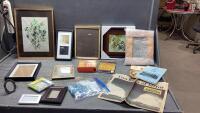 BOX W/PICTURE FRAMES, FRAMED ART, HISTORICAL BOOKLETS