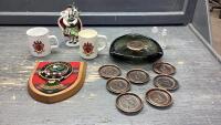 BOX W/SCOTTISH FIGURINE, MACLAINE COAT OF ARMS, BAKER MUGS, BAKER ASHTRAY + COASTERS