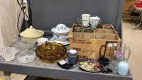 (2)BOXES - BEER MUGS, SOUP TURRINES, AMBER DISH, GLASS DISHES,