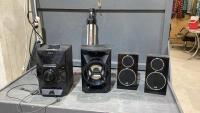 SONY HOME AUDIO SYSTEM W/ (1 ) SONY SPEAKER + (2)JVC SPEAKERS , TRIPOD