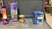 BOX W/PAW PATROL LAVA LAMP, ARCTIC AIR COOLER, VERY SMALL BIRD BATH DECOR