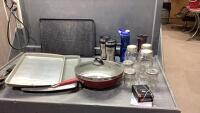 BOX W/MEAT THERMOMETER, CANNING JARS, GO CUPS, STRAINER, &ldquo;ROCK&rdquo; GRILL, BAKING PANS, FRYPAN