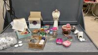 BOX W/ SCENTSY WALL PLUG INS, CANDLE HOLDERS, VOTIVES, TEA LIGHTS