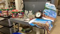 BLUE TOTE W/CHRISTMAS VILLAGE PIECES, CLOCK, COMPLETED DIAMOND ART