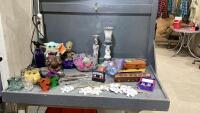 ORANGE TOTE W/GROOT FIGURE, YODA FIGURE, WOOD CHEST, CHINESE STRESS BALLS, HALLOWEEN DECOR