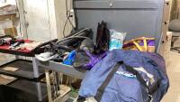 BLACK TOTE W/BOAT DOCKS, RUBBER BOOTS(7), FISHING ROD HOLDERS, SIGNAL ROCKETS, GOLF CLUB COVERS,