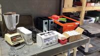 (2) BOX W/COOKIE SHEETS, OSTER BLENDER, SPICE RACK W/JARS + COLLAPSABLE CRATE W/STORAGE CONTAINERS,