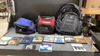 BOX W/ SWISS GEAR BACKPACK, INSULATED LUNCH BAGS + DVD&rsquo;S